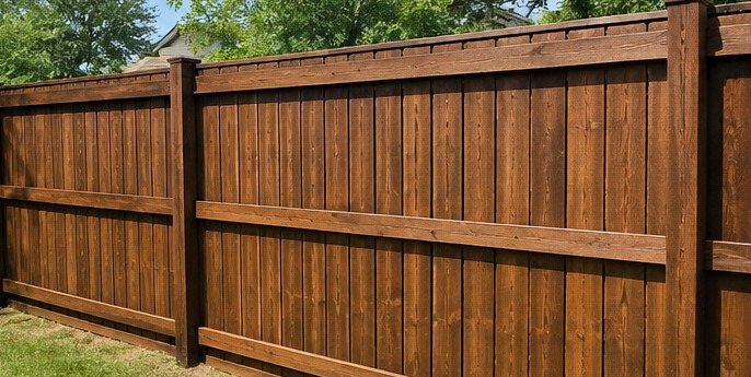 Full wood fence line freshly stained rich brown after cleaning and staining